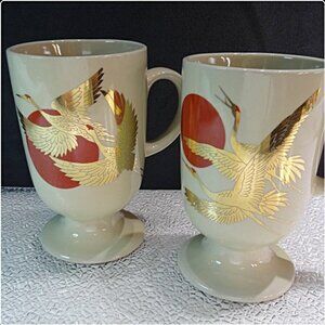1970s Vintage Takahashi Porcelain 22kt Gold Crane Red Sun Mugs Pair
